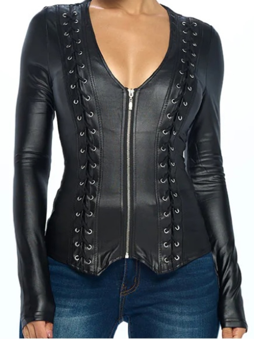 Women’s Black Faux Leather Lace-Up Zip Top